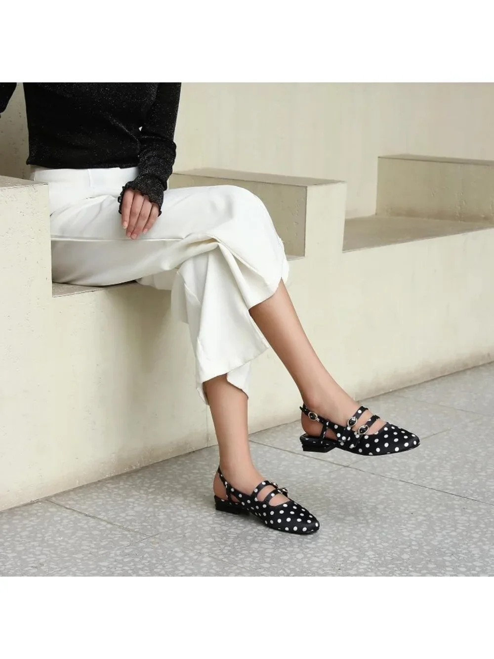 Women's Black Dot Closed Square Toe Strap Slingback Low Heels for Party Pumps